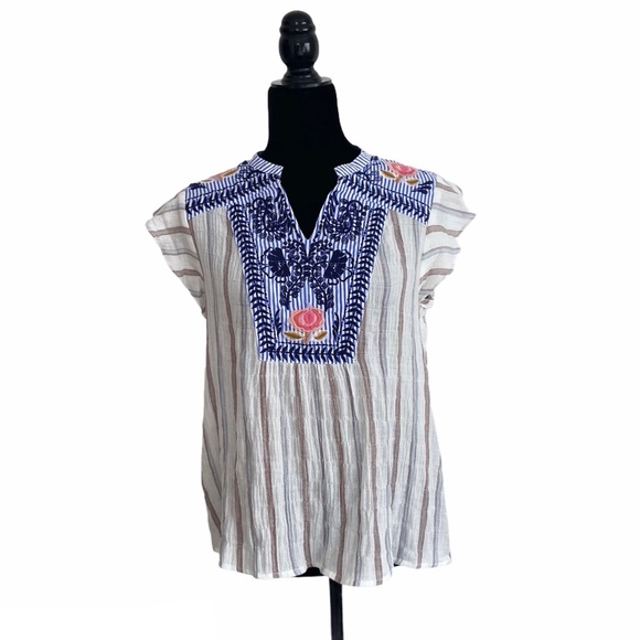 Anthropologie Tops - Anthro THML Floral Embroidery Stripe Cotton Blouse